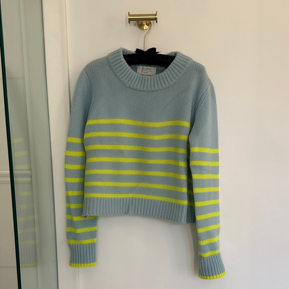La Ligne Light Blue and Neon Yellow Striped Mini Marin Sweater